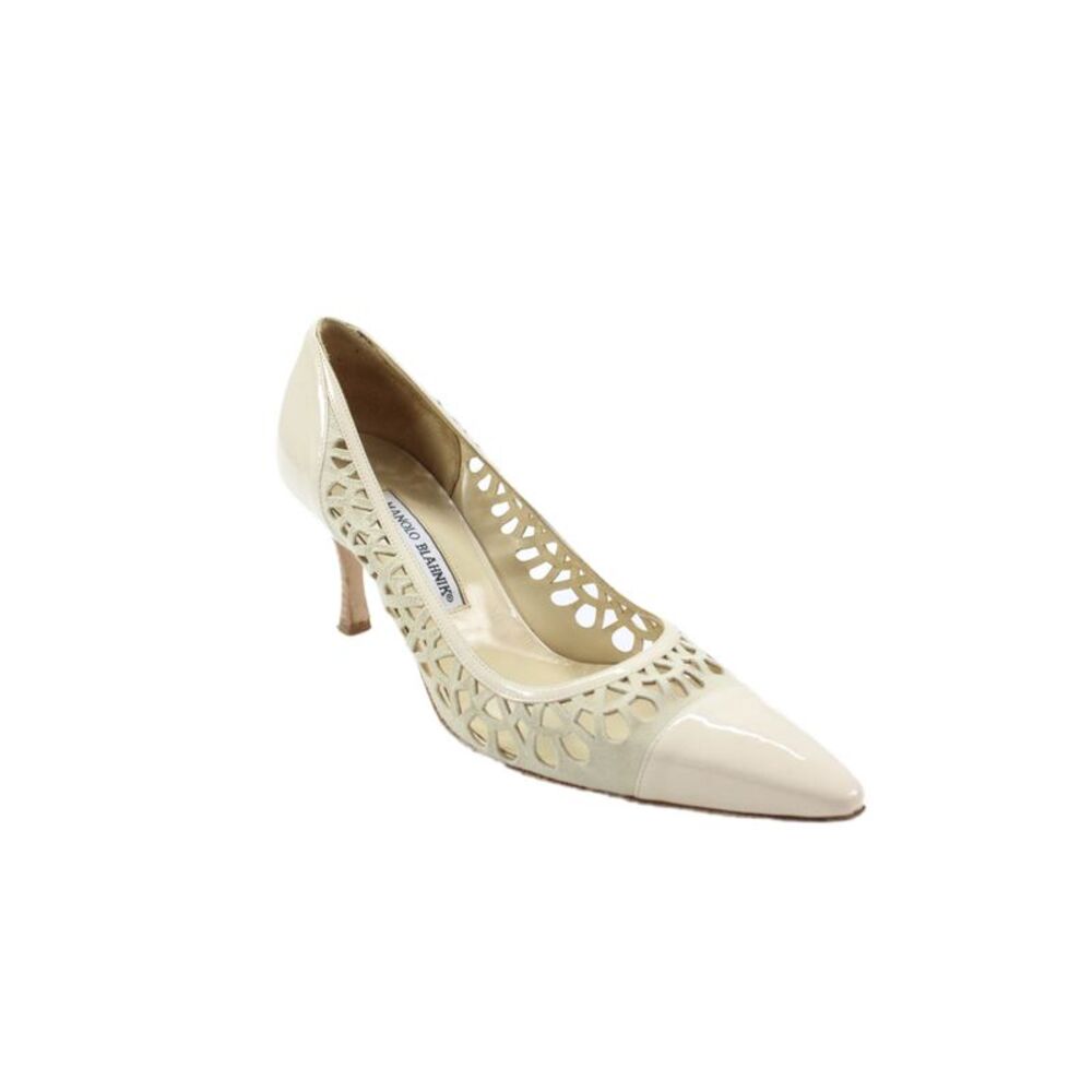Manolo Blahnik Womens Stiletto Laser Cut Suede Patent Leather Pumps Beige 39.5